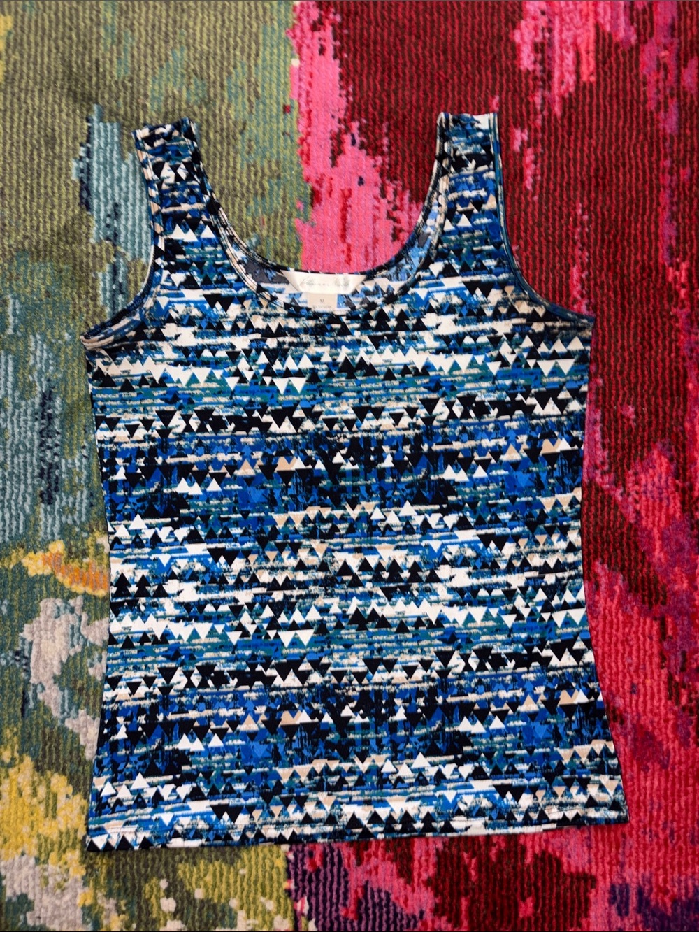 Women's Geometric Blue Scoop Neck Tank Top Medium/Large